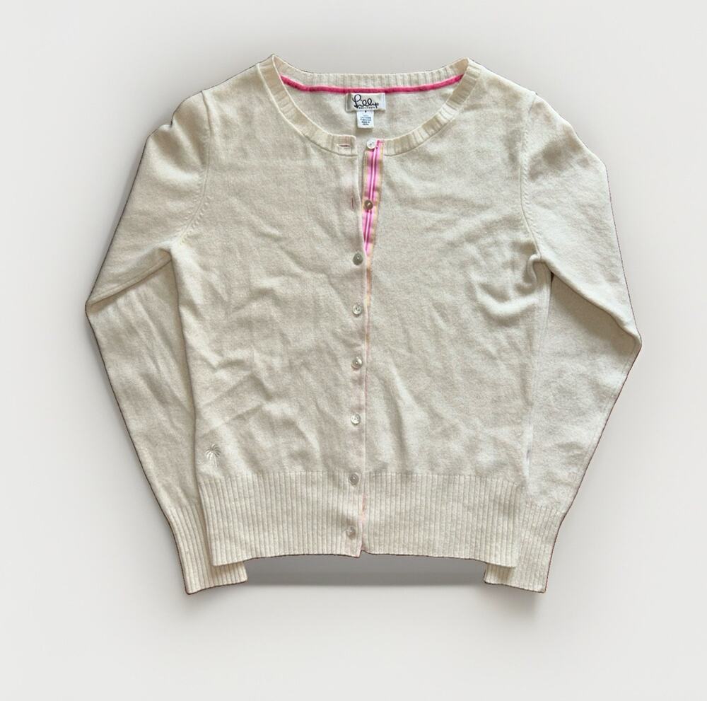 Lilly Pulitzer Cream Cashmere Cardigan Sweater Sz Small Pink Trim Ribbon Placket